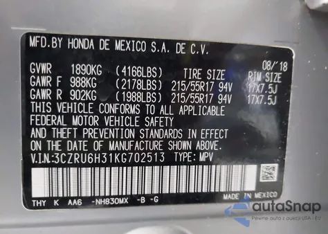 2019 Honda Hr-V Lx from USA, damaged, VIN 3CZRU6H31KG702513